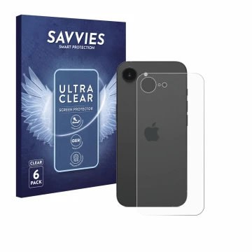 Front side of a product packaging with the brand logo Savvies. Next to it is the device Apple iPhone 16e (Back) shown with the