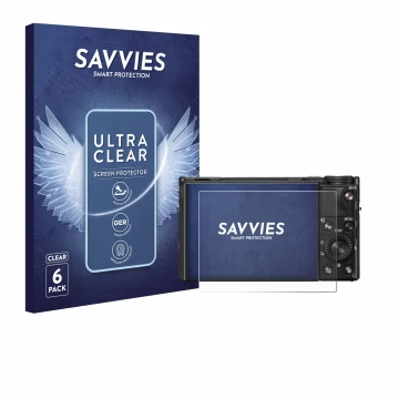 Front side of a product packaging with the brand logo Savvies. Next to it is the device Sony Cyber-Shot DSC-RX100 VIIA shown w