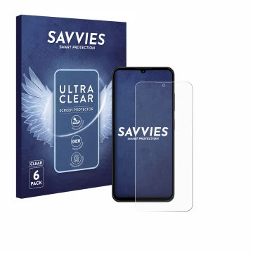 Front side of a product packaging with the brand logo Savvies. Next to it is the device ZTE Blade A55 shown with the correspon