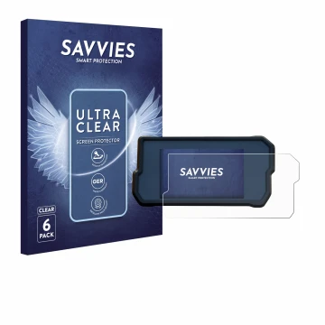 Front side of a product packaging with the brand logo Savvies. Next to it is the device KTM 390 / 890 Adventure 2020+ shown wi