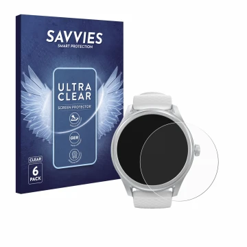Front side of a product packaging with the brand logo Savvies. Next to it is the device Hama Smartwatch 5010 shown with the co