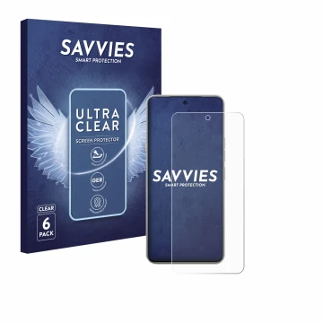 Front side of a product packaging with the brand logo Savvies. Next to it is the device Tecno Camon 40 Premier shown with the 