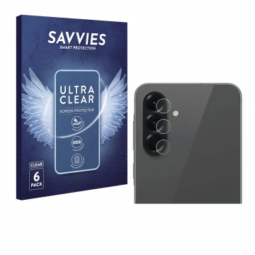 Front side of a product packaging with the brand logo Savvies. Next to it is the device Samsung Galaxy A56 5G (ONLY Camera Len