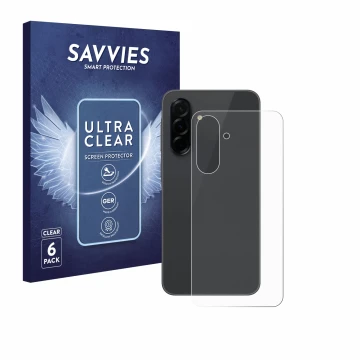 Front side of a product packaging with the brand logo Savvies. Next to it is the device Samsung Galaxy A36 5G (Back) shown wit
