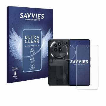 Front side of a product packaging with the brand logo Savvies. Next to it is the device Nothing Phone (3a) Pro (Front+Camera) 