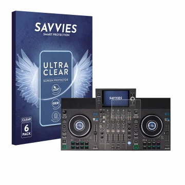 Front side of a product packaging with the brand logo Savvies. Next to it is the device Denon DJ SC LIVE 4 (Jog) shown with th