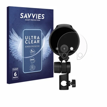 Front side of a product packaging with the brand logo Savvies. Next to it is the device Profoto A2 shown with the correspondin