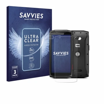 Front side of a product packaging with the brand logo Savvies. Next to it is the device Crosscall Core-M5 (Front+Camera) shown