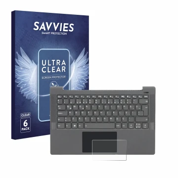 Front side of a product packaging with the brand logo Savvies. Next to it is the device Lenovo IdeaPad 5 14ALC05 Touchpad show