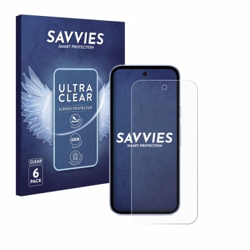 Front side of a product packaging with the brand logo Savvies. Next to it is the device Google Pixel 9a shown with the corresp