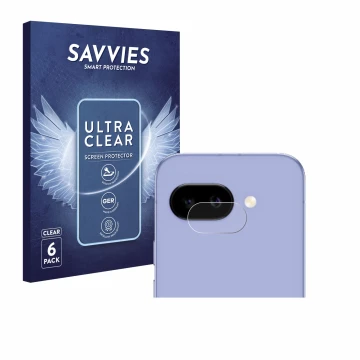 Front side of a product packaging with the brand logo Savvies. Next to it is the device Google Pixel 9a (ONLY Camera Lens) sho