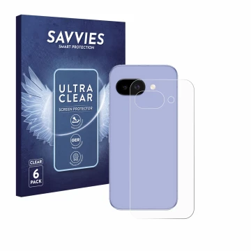 Front side of a product packaging with the brand logo Savvies. Next to it is the device Google Pixel 9a (Back) shown with the 