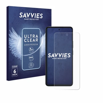 Front side of a product packaging with the brand logo Savvies. Next to it is the device realme 14 shown with the corresponding
