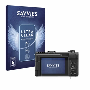 Front side of a product packaging with the brand logo Savvies. Next to it is the device Canon PowerShot V1 shown with the corr