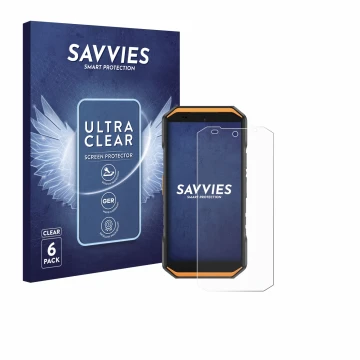 Front side of a product packaging with the brand logo Savvies. Next to it is the device Ulefone Armor X32 shown with the corre
