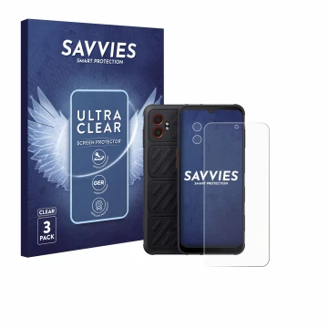 Front side of a product packaging with the brand logo Savvies. Next to it is the device Samsung Galaxy XCover 7 Pro (Front+Cam