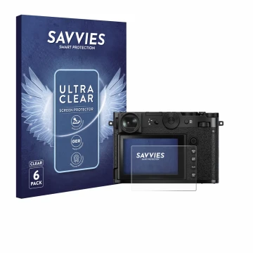 Front side of a product packaging with the brand logo Savvies. Next to it is the device Fujifilm GFX 100RF shown with the corr