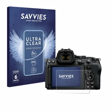 Front side of a product packaging with the brand logo Savvies. Next to it is the device Nikon Z5 II shown with the correspondi
