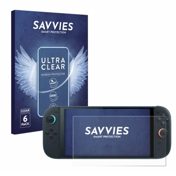 Front side of a product packaging with the brand logo Savvies. Next to it is the device Nintendo Switch 2 shown with the corre