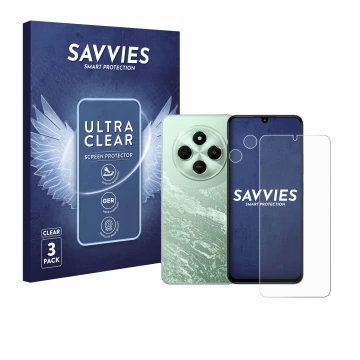 Front side of a product packaging with the brand logo Savvies. Next to it is the device Xiaomi Poco C75 (Front+Camera) shown w