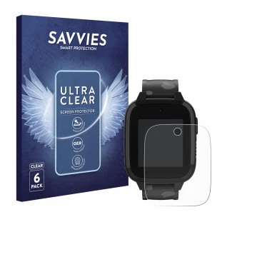 Front side of a product packaging with the brand logo Savvies. Next to it is the device Xplora XGO3 (2nd Gen.) shown with the 