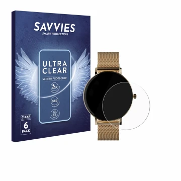 Front side of a product packaging with the brand logo Savvies. Next to it is the device ZenWatch Venice Pro shown with the cor