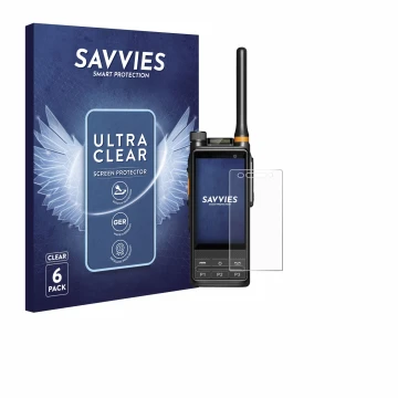 Front side of a product packaging with the brand logo Savvies. Next to it is the device Hytera PDC680 shown with the correspon