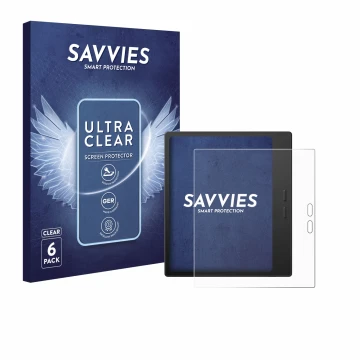 Front side of a product packaging with the brand logo Savvies. Next to it is the device Boox Go 7 shown with the corresponding