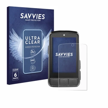 Front side of a product packaging with the brand logo Savvies. Next to it is the device Wahoo Elemnt Bolt 3 shown with the cor
