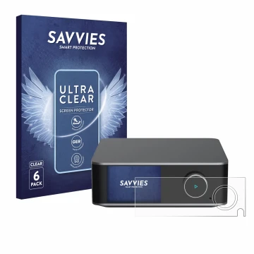 Front side of a product packaging with the brand logo Savvies. Next to it is the device WiiM Ultra shown with the correspondin