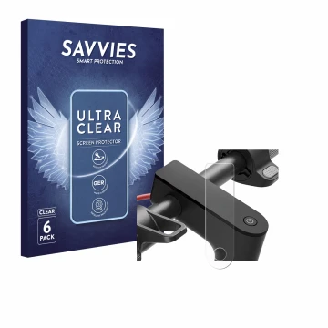 Front side of a product packaging with the brand logo Savvies. Next to it is the device Xiaomi Electric Scooter 4 shown with t