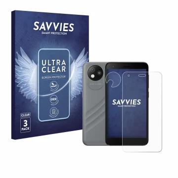 Front side of a product packaging with the brand logo Savvies. Next to it is the device ZTE Blade A35 lite (Front+Camera) show
