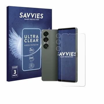 Front side of a product packaging with the brand logo Savvies. Next to it is the device Sony Xperia 1 VII (Front+Camera) shown