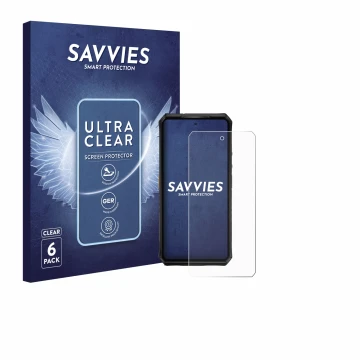 Front side of a product packaging with the brand logo Savvies. Next to it is the device Ulefone Armor 28 Pro shown with the co