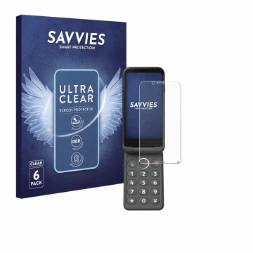 Front side of a product packaging with the brand logo Savvies. Next to it is the device Doro Aurora A20 shown with the corresp