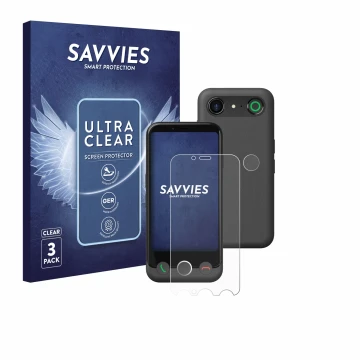 Front side of a product packaging with the brand logo Savvies. Next to it is the device Doro Aurora A10 (Front+Camera) shown w