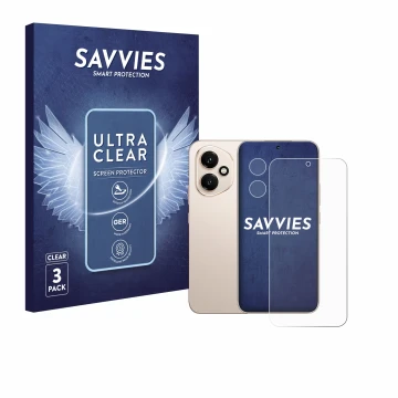 Front side of a product packaging with the brand logo Savvies. Next to it is the device Honor 400 (Front+Camera) shown with th