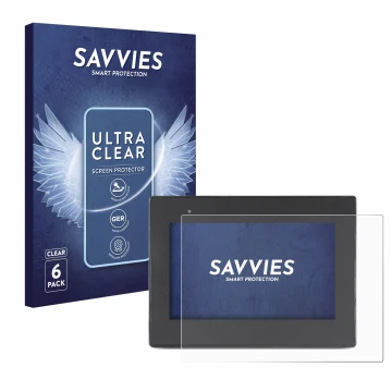 Front side of a product packaging with the brand logo Savvies. Next to it is the device Weintek cMT2078x shown with the corres