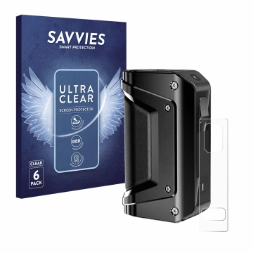 Front side of a product packaging with the brand logo Savvies. Next to it is the device GeekVape Aegis Legend 3 shown with the