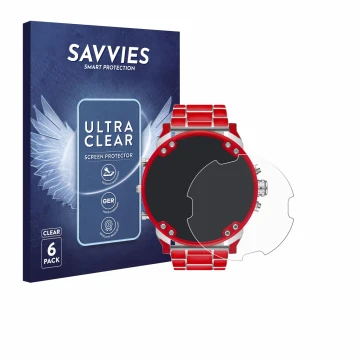 Front side of a product packaging with the brand logo Savvies. Next to it is the device Diesel DZ7480 Mr. Daddy 2.0 shown with
