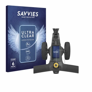 Front side of a product packaging with the brand logo Savvies. Next to it is the device PowaKaddy CT10 shown with the correspo