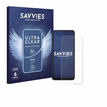 Front side of a product packaging with the brand logo Savvies. Next to it is the device Xplora HMD Fusion X1 shown with the co