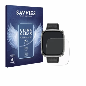 Front side of a product packaging with the brand logo Savvies. Next to it is the device Amazfit Active 2 (rectangular) shown w