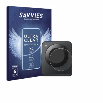 Front side of a product packaging with the brand logo Savvies. Next to it is the device Nubia Flip 5G (ONLY Camera) shown with
