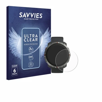 Front side of a product packaging with the brand logo Savvies. Next to it is the device Polar Grit X2 shown with the correspon
