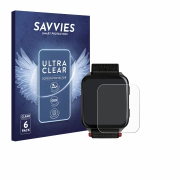 Front side of a product packaging with the brand logo Savvies. Next to it is the device Garmin Venu X1 shown with the correspo