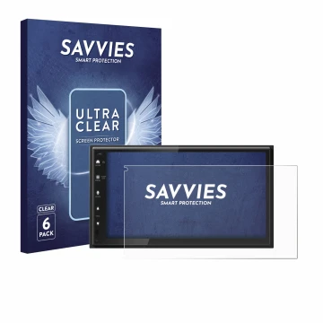 Front side of a product packaging with the brand logo Savvies. Next to it is the device Kenwood DMX6523DABS shown with the cor