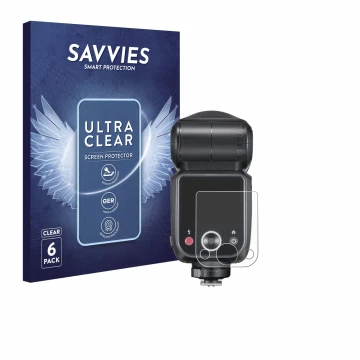 Front side of a product packaging with the brand logo Savvies. Next to it is the device Godox V100 shown with the correspondin