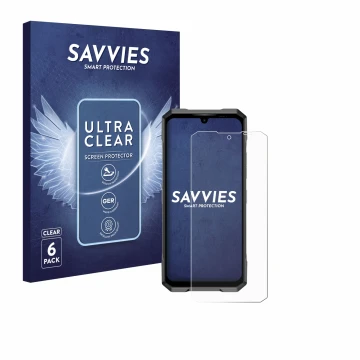 Front side of a product packaging with the brand logo Savvies. Next to it is the device Doogee Blade GT Play shown with the co