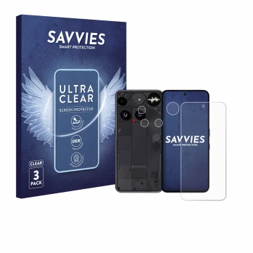 Front side of a product packaging with the brand logo Savvies. Next to it is the device Nothing Phone (3) (Front+Camera) shown